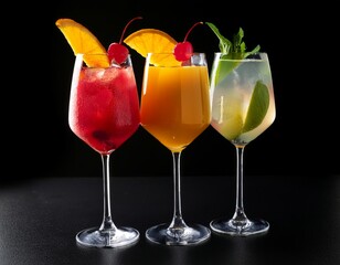 Three wine glasses with colorful cocktails, garnished with lime, orange, mango, cherry, and strawberries, on a black background, vibrant, fruity, elegant, festive, fresh.