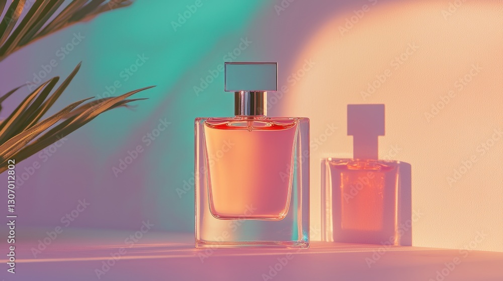 Poster two perfume bottles on a white surface. the bottle on the left is rectangular in shape with a silver