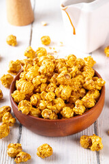 Crunchy homemade caramel salted popcorn, a sweet, flavorful snack for relaxing, watching movies, party