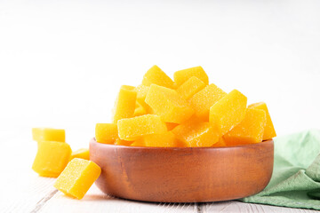 Dried mango cubes,organic mango fruit marmalade  jelly candies without added sugar, healthy sweets...