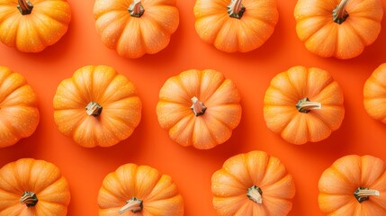 Rows of vibrant orange pumpkins arranged on a bright orange surface for autumn decoration and seasonal festivities during fall