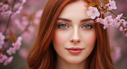 Naklejka premium portrait of a beautiful woman's face with cherry or apple blossom