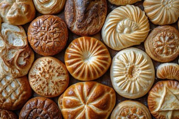 Fototapeta premium Uzbek Bread: Asian Bakery with Traditional Bukhara Bun and Close-up Cake Focus