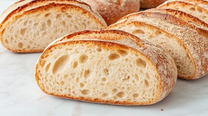 Naklejka premium A close-up view of freshly sliced bread, showcasing its crusty exterior and soft, airy interior, perfect for sandwiches or toast.