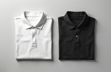 Folded black, white polo shirts on grey background. Apparel presentation for branding, advertising, marketing. Textile garment design template with collar, buttons. Stylish casual attire uniform