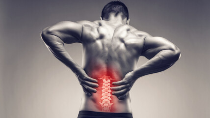 Fototapeta premium Muscular man's back, hands holding lower back, highlighting spinal column pain area in red, showcasing lower back pain and injury