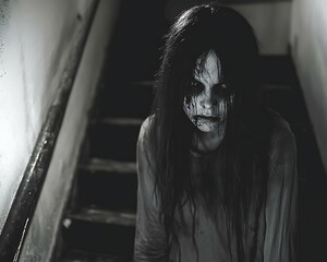 Ghostly girl on dark stairs