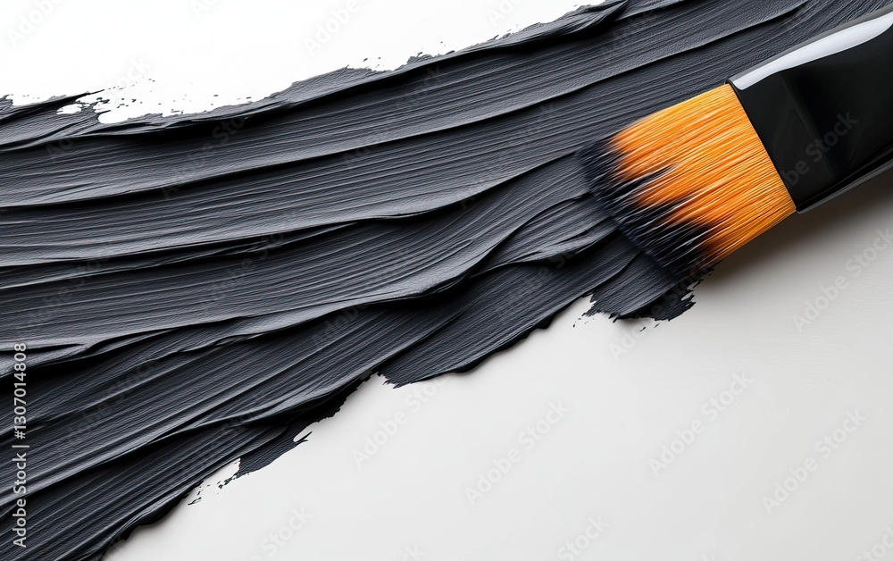Poster a close-up image of a paintbrush applying dark gray paint in smooth strokes on a white surface.