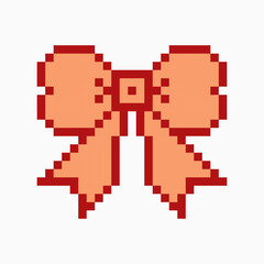 Naklejka premium Vector illustration, retro pixel art icon of lovely glossy pink ribbon bow for gift or hair decoration.