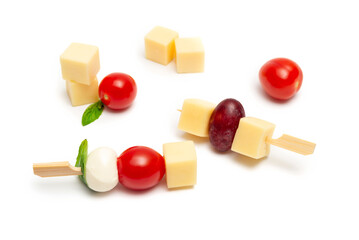 Caprese skewers cheese and cherry tomato on a wooden stick on a white background