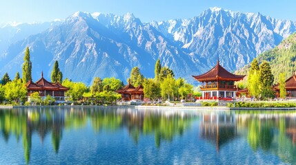 Fototapeta premium Mountain Lake Pavilion Scenic View