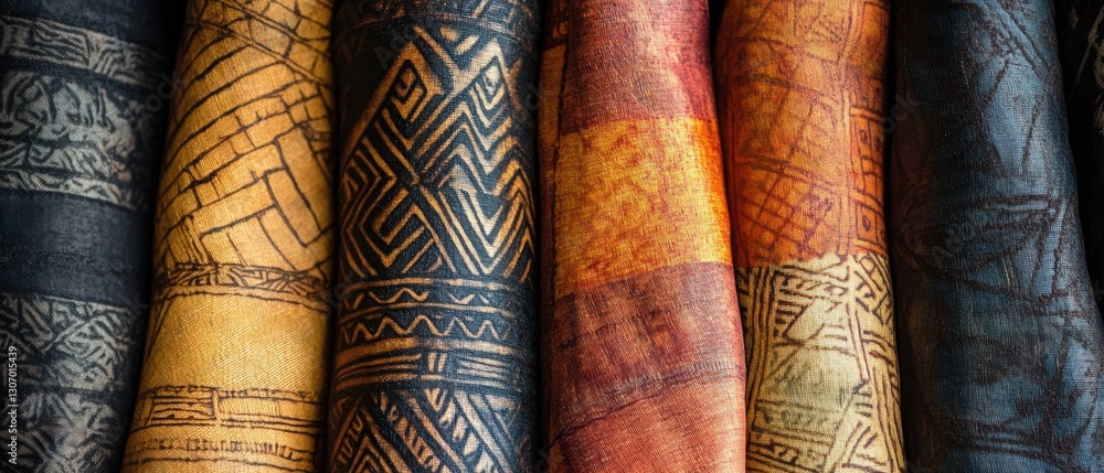 Poster vibrant textiles with intricate patterns displayed in rows in a colorful collection of fabric textur
