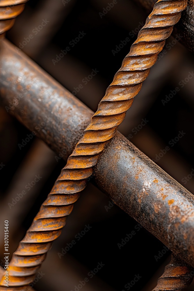 Poster a close-up image of intertwined, rusted metal rebar, showcasing its textured surface and intricate p