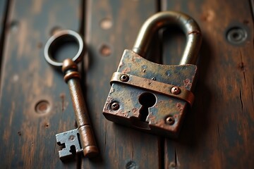 Vintage key and lock on a wooden background. Rare objects. 