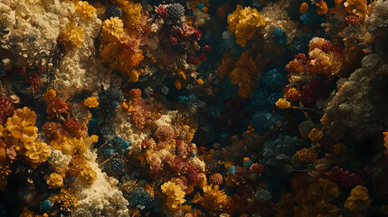 Colorful floral explosion, abstract art, dark background, website banner