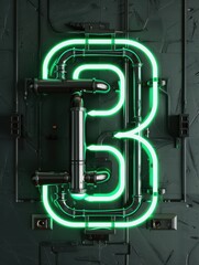 Bold Neon Number 3 in Tech Noir Style with Metal Accents