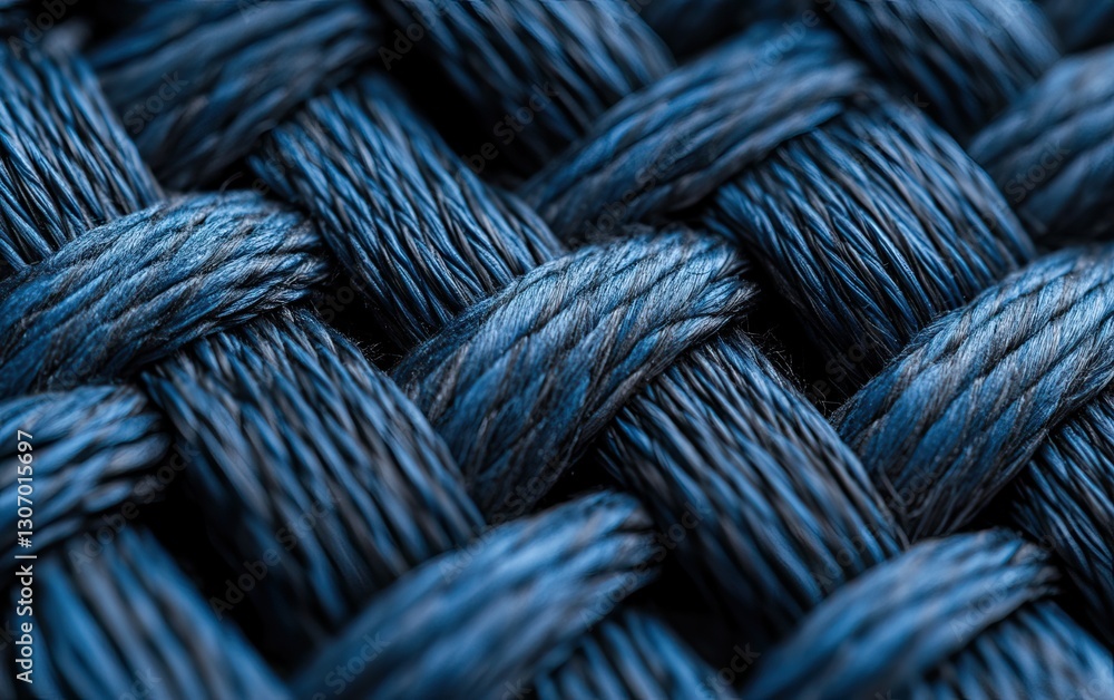 Poster a close-up image showcasing intricate blue woven fibers, highlighting texture and patterns in a rich