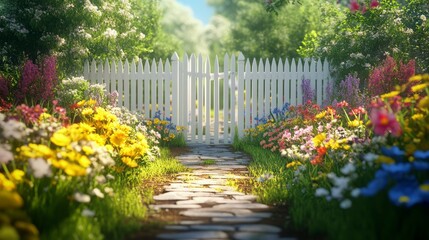 Obraz premium A white picket fence surrounded by blooming flowers in full spring bloom, charming and peaceful, ultra-detailed, 8k