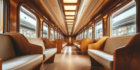 Luxury train interior, elegant wooden panels and plush seating