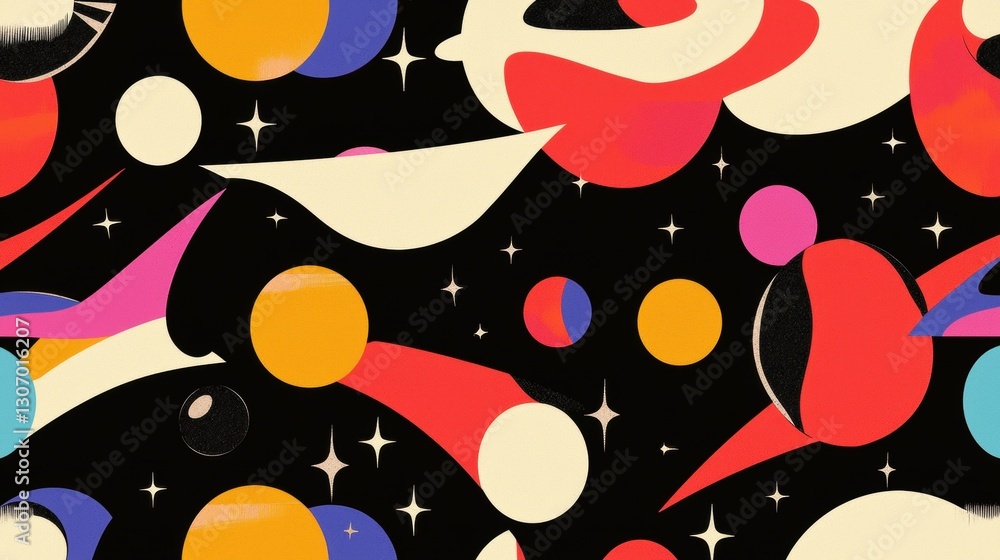Poster abstract digital art piece with a black background. it features a variety of colorful shapes and lin