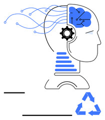 Head profile with AI-inspired brain, circuits, and recycling symbol. Ideal for AI, sustainability, innovation, technology, eco-consciousness neural networks data flow. Simple flat metaphor