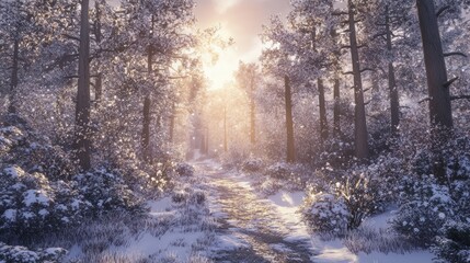 Obraz premium A winter forest trail with snow-covered trees and the sun shining through the branches, serene and beautiful, ultra-detailed, 4k