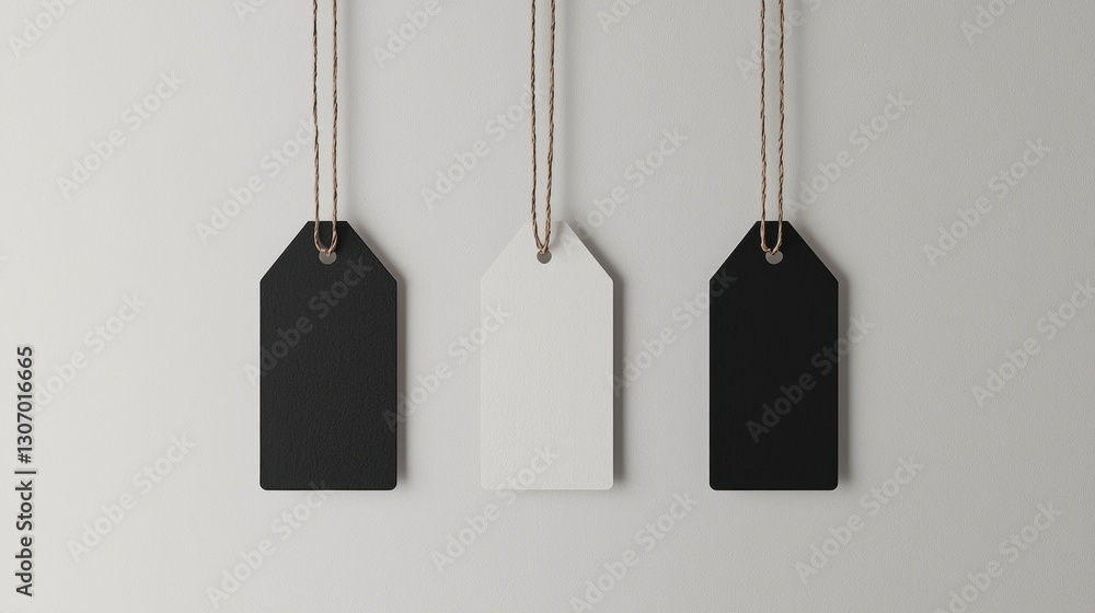 Poster three black and white price tags hanging from strings. the tags are rectangular in shape and have a 