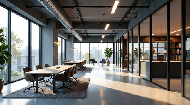 A modern office space with a long table and chairs, featuring floor-to-ceiling windows that provide an expansive view of an endless empty office building