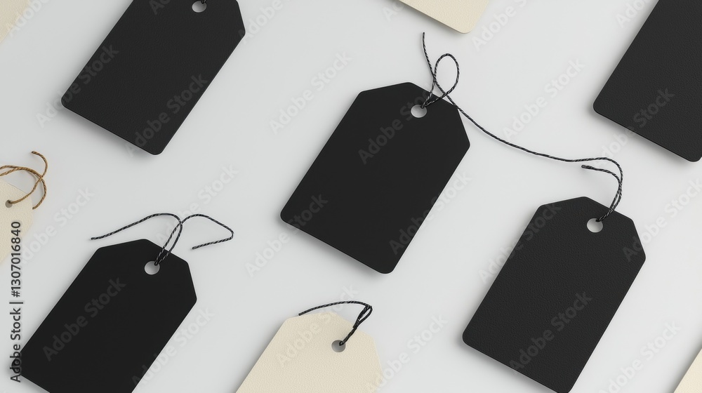 Poster group of blank black tags with strings attached to them. the tags are arranged in a scattered manner