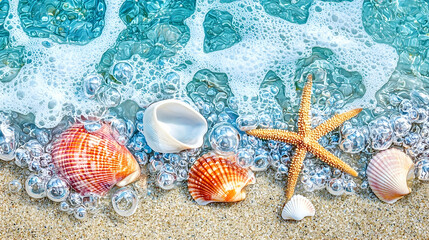 Seashells, starfish, ocean wave on sandy beach; summer vacation background