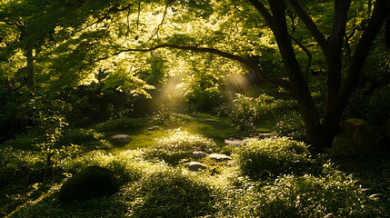 Naklejka premium Sunbeams illuminate serene Japanese garden, moss-covered stones, lush greenery, tranquil background, ideal for peace, nature, and relaxation