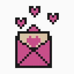 Envelope with heart. Pixel art icon. love letter. Valentine's day greeting card, invitation. Isolated on white background.