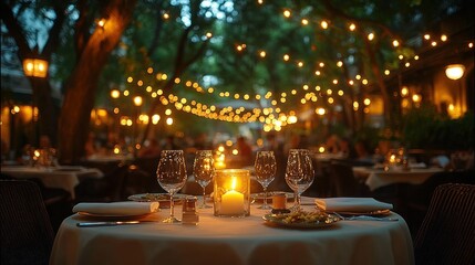 Romantic candlelit dinner, outdoor patio, twilight