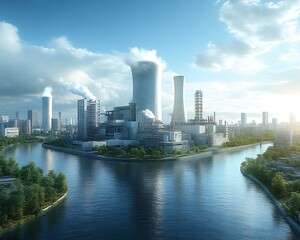 Obraz premium Plant by river with urban background