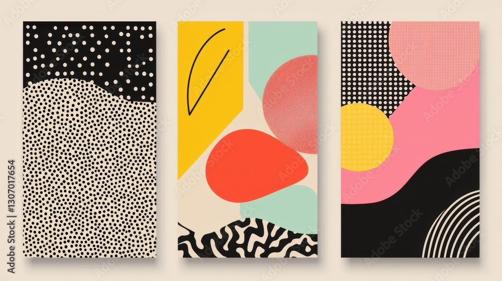 Poster three vertical banners with abstract designs. the first banner on the left has a black and white pol