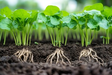 Nourishing Roots: Detailed shot of young plants exhibiting their root system in the earth, highlighting the crucial connection of plant life.