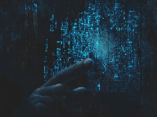 Digital Fingerprint Scan, hand over graphic codes, dark background, security concept