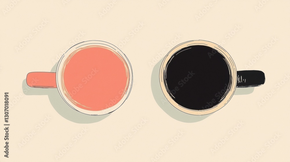 Poster two cups of coffee on a light beige background. the cup on the left is pink and the one on the right