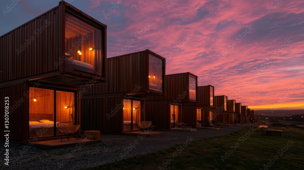 Poster row of modern shipping containers at sunset. the containers are arranged in a neat line, with each c