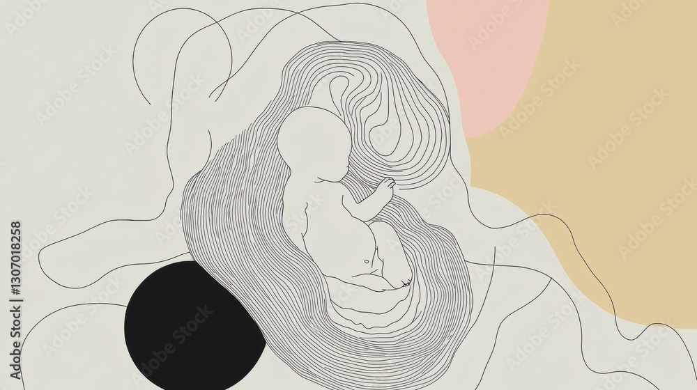 Poster abstract illustration with a white background. it features a black and white line drawing of a baby 