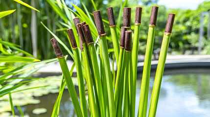 Tropical green plant stems near pond, sunny garden background, botanical illustration