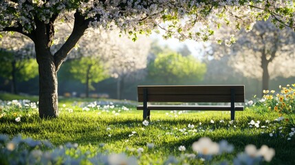 A wooden bench under a blossoming tree in a spring park, serene and inviting, ultra-detailed, 8k