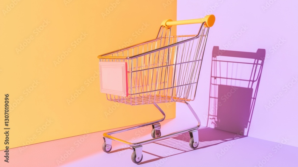 Poster shopping cart with a yellow handle on a pink and orange background. the cart is made of wire mesh an