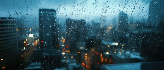 Urban Cityscape with Raindrops on Window, Blurred City Lights and Buildings in the Background, Moody Atmosphere and Rainy Weather Conditions