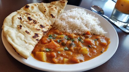Delicious Indian Vegetable Curry with Naan and Rice