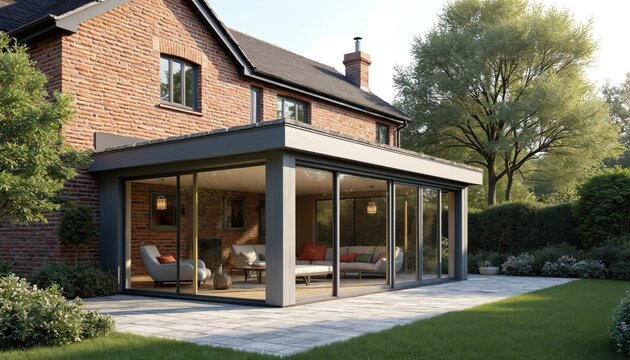 Modern sunroom conservatory extends into garden with block paved patio. Glass home extension blends indoor, outdoor living. Architecture features brickwork, lawn, trees, sunlight. Residential house