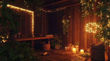 A wooden sauna with soft lighting and ambient music, peaceful and relaxing, ultra-detailed, 4k