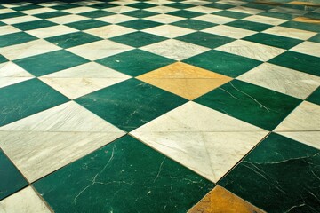 A checkered marble floor displays patterns of green and white squares