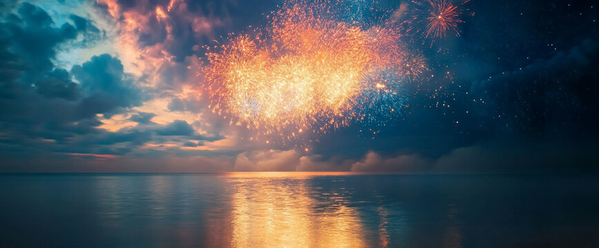 Vibrant fireworks display over calm ocean at sunset, colorful streaks against dramatic clouds, reflecting in water, symbolizing celebration, joy, and festivity
