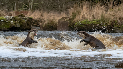 Fototapeta premium Otters playfully wrestling in a river's rapids, woodland background, nature wildlife scene